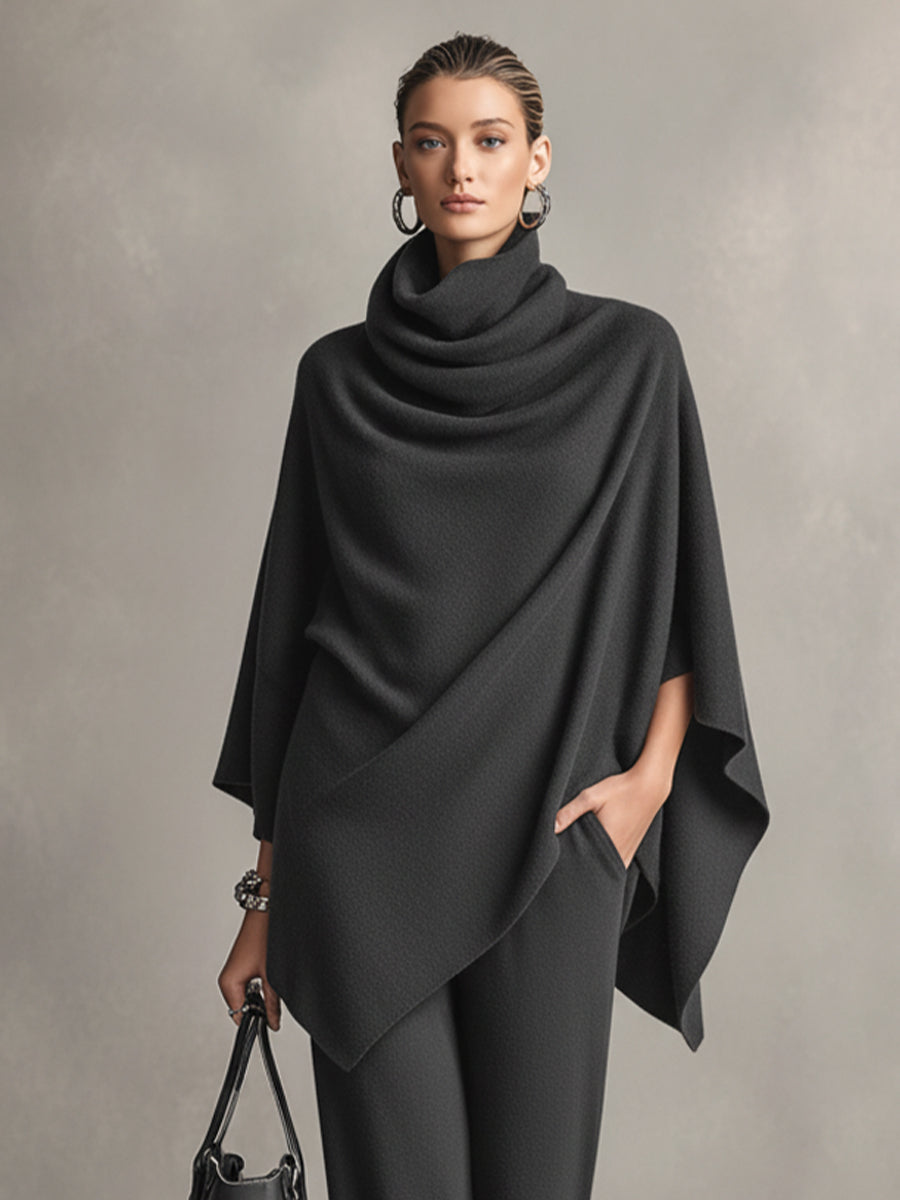 Women's Charcoal Cotton-Blend Textured Fabric Chic Cowl-Neck Capelet Wide-Leg Pant Set MDA2007K0I