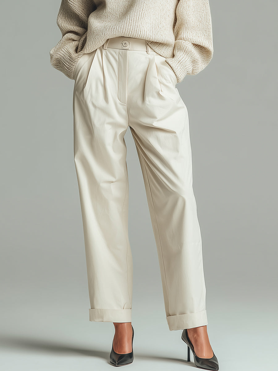 Women's Cream Knit & Cotton Elegant Mock-Neck Sweater & Tailored Pant Set MDA0559K2I