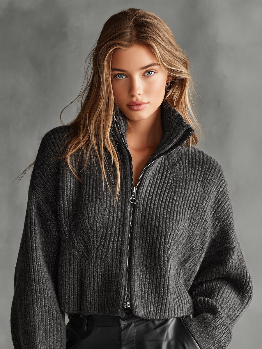 Women's Dark Grey Chic Ribbed Knit Zip - Front Cropped Cardigan MDA1550I6I