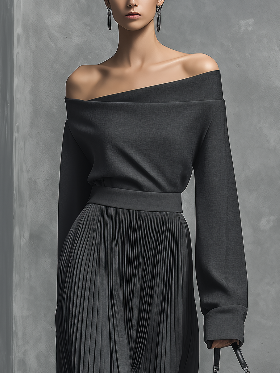 Women's Black Cotton Blend Off-the-shoulder Long-sleeved Pleated Midi Dress Set MDA0904L5T