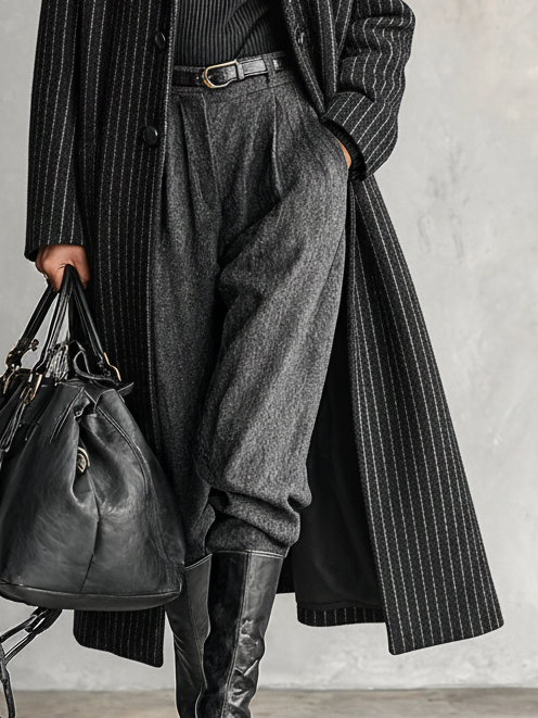 Women's Striped Wool Blend Single-breasted Long Coat MDA2694I5Y