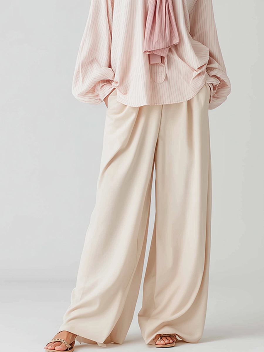 Women's Pink & Beige Textured Woven Co-Ord Set With Balloon-Sleeve Top & Flowy Pants, Minimalist Chic Style Set MDA0386K4I