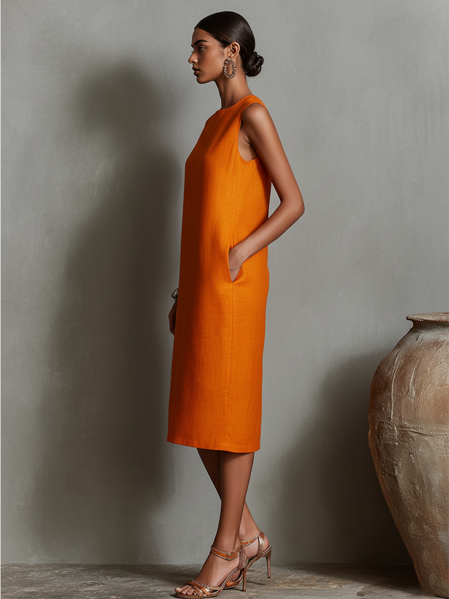 Women's Orange Linen Shift Dress With Sleeveless Round Neck & Side Poc –  Modesees