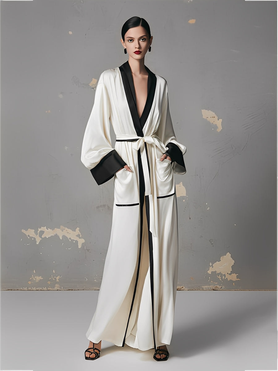 Women's Ivory & Black Satin Dress With Robe Collar & Belted Waist, Timeless Luxe Style Dress MDA1255L3I