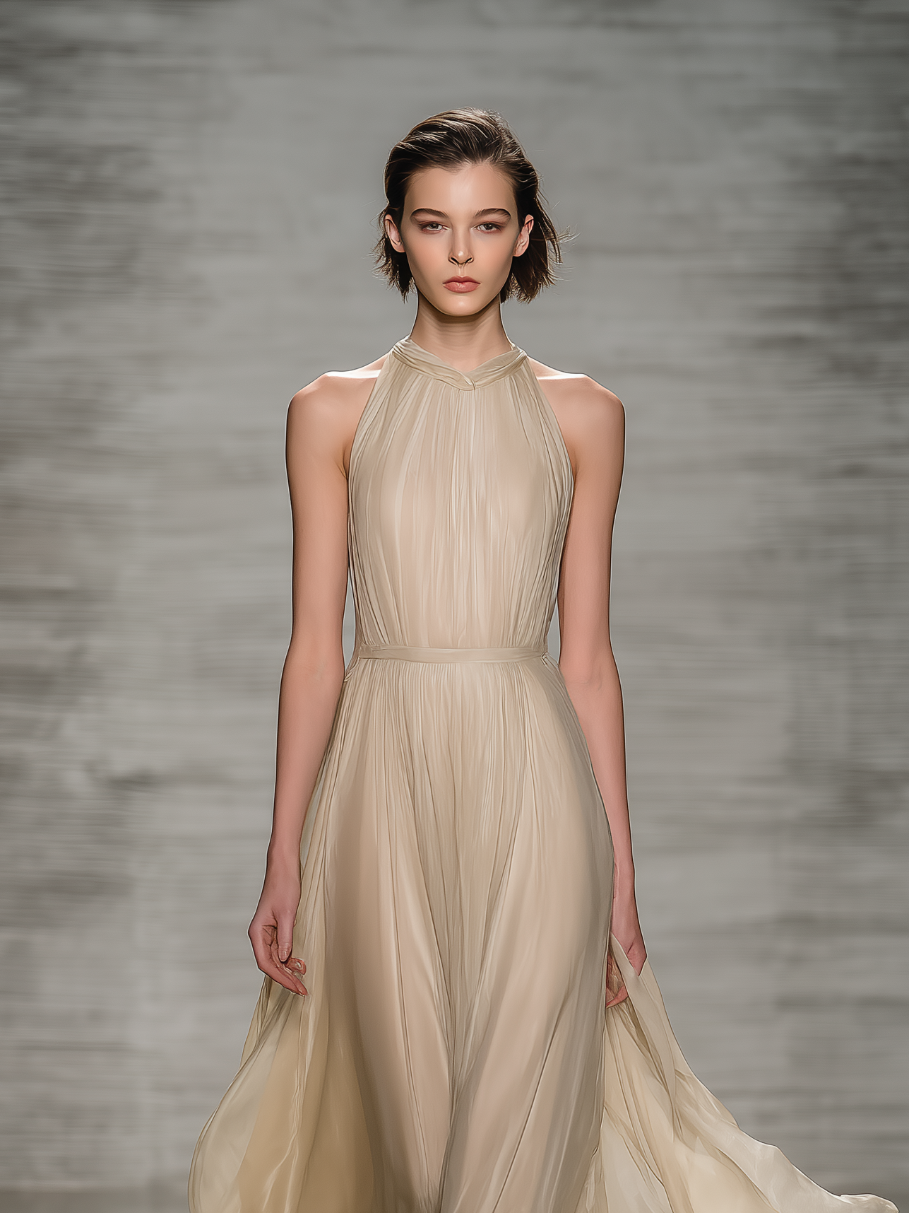 Women's Elegant Apricot-colored Round-neck Sleeveless Chiffon And Organza Long Dress MDA2662L2AN