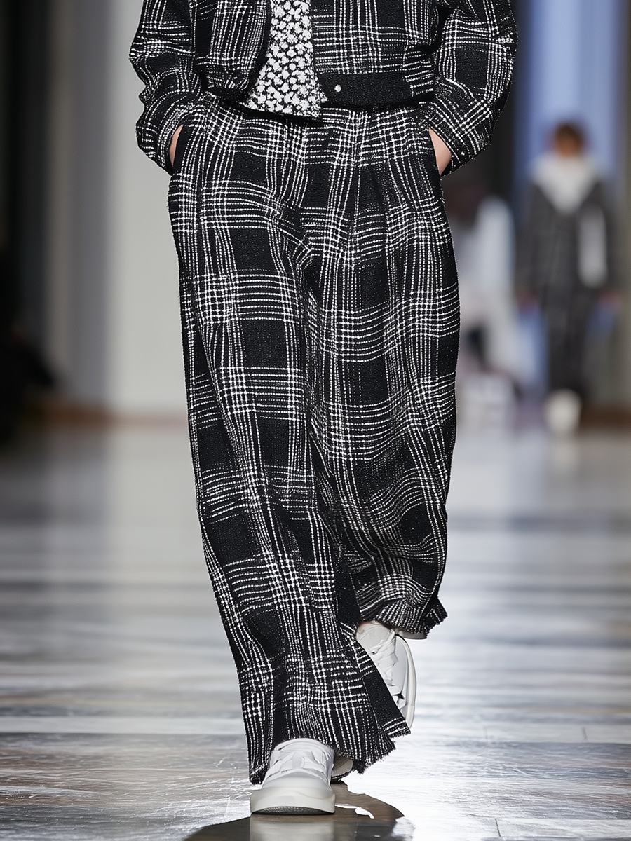 Women's Black And White Checkered Loose Jacket And Wide-Leg Pants Two-Piece Set MDA0753K8T