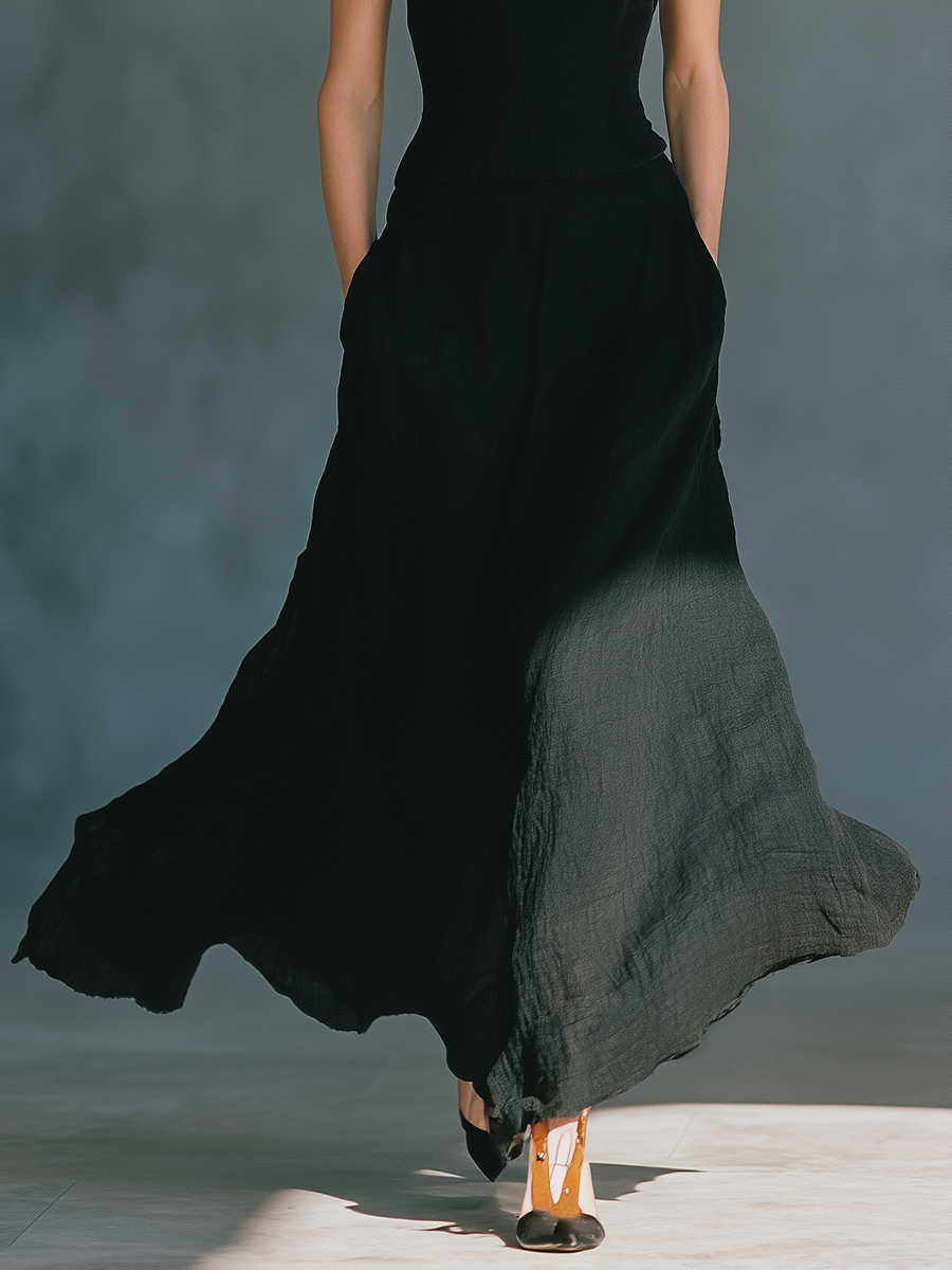 Women's Black Cotton Blend One-Shoulder Maxi Dress With Fitted Bodice & Flowing Skirt MDZ2516B0T