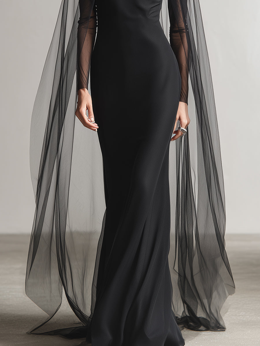 Women's Black Satin & Sheer Tulle Dress With Cutout Detail & Floor-Length Veil Elegant Maxi Dress (without The Veil) MDA2256L1I