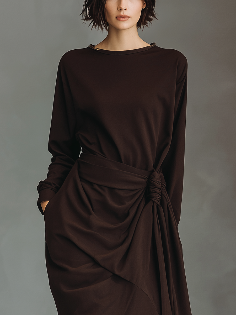 Women's Dark Brown Cotton Blend Draped Tie-waist Irregular Midi Dress MDA0462K3T