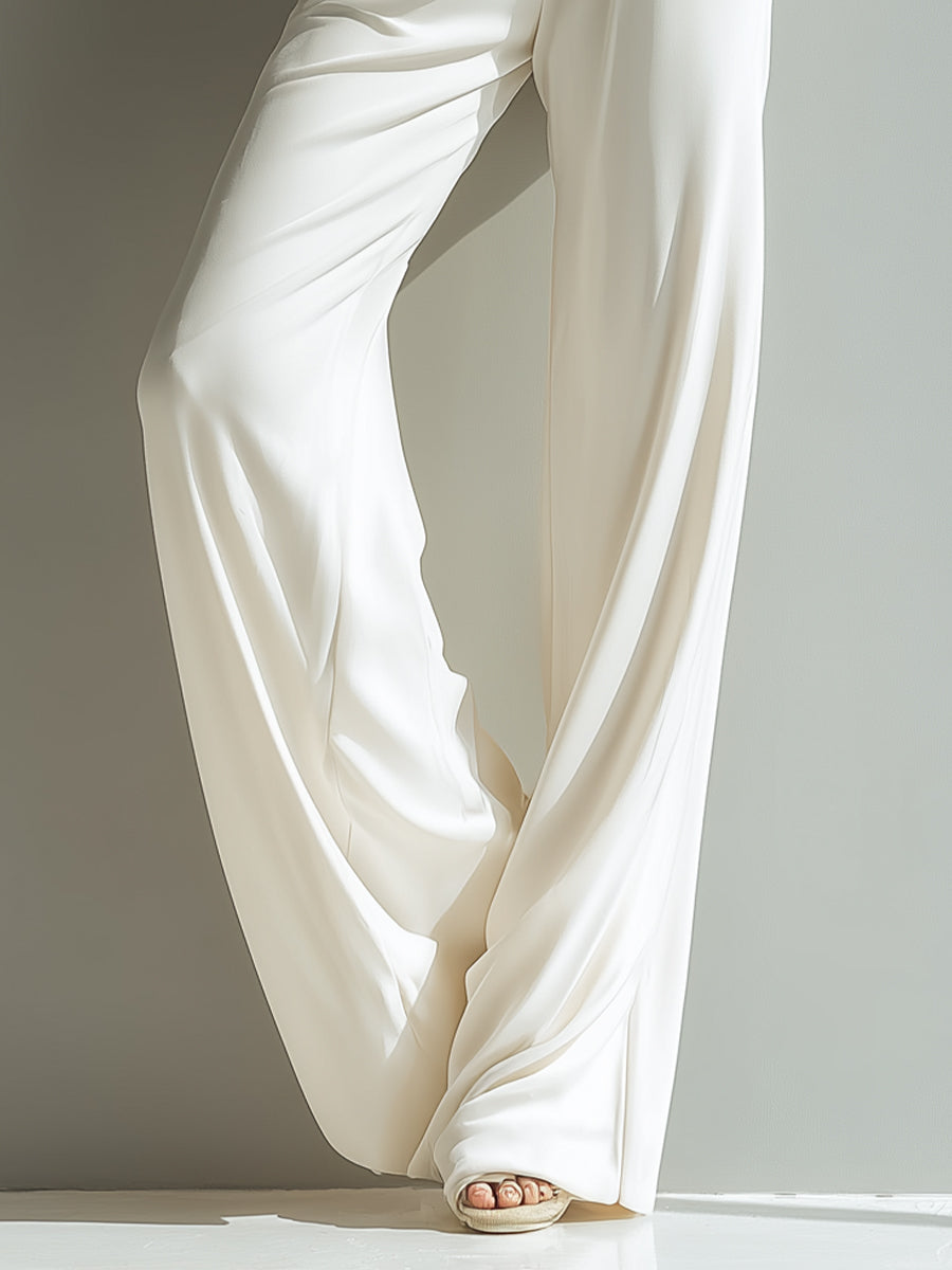 Women's White Elegant Ribbed Knit Hooded Button - Front Cardigan And Wide - Leg Pants Set MDA1614I2I