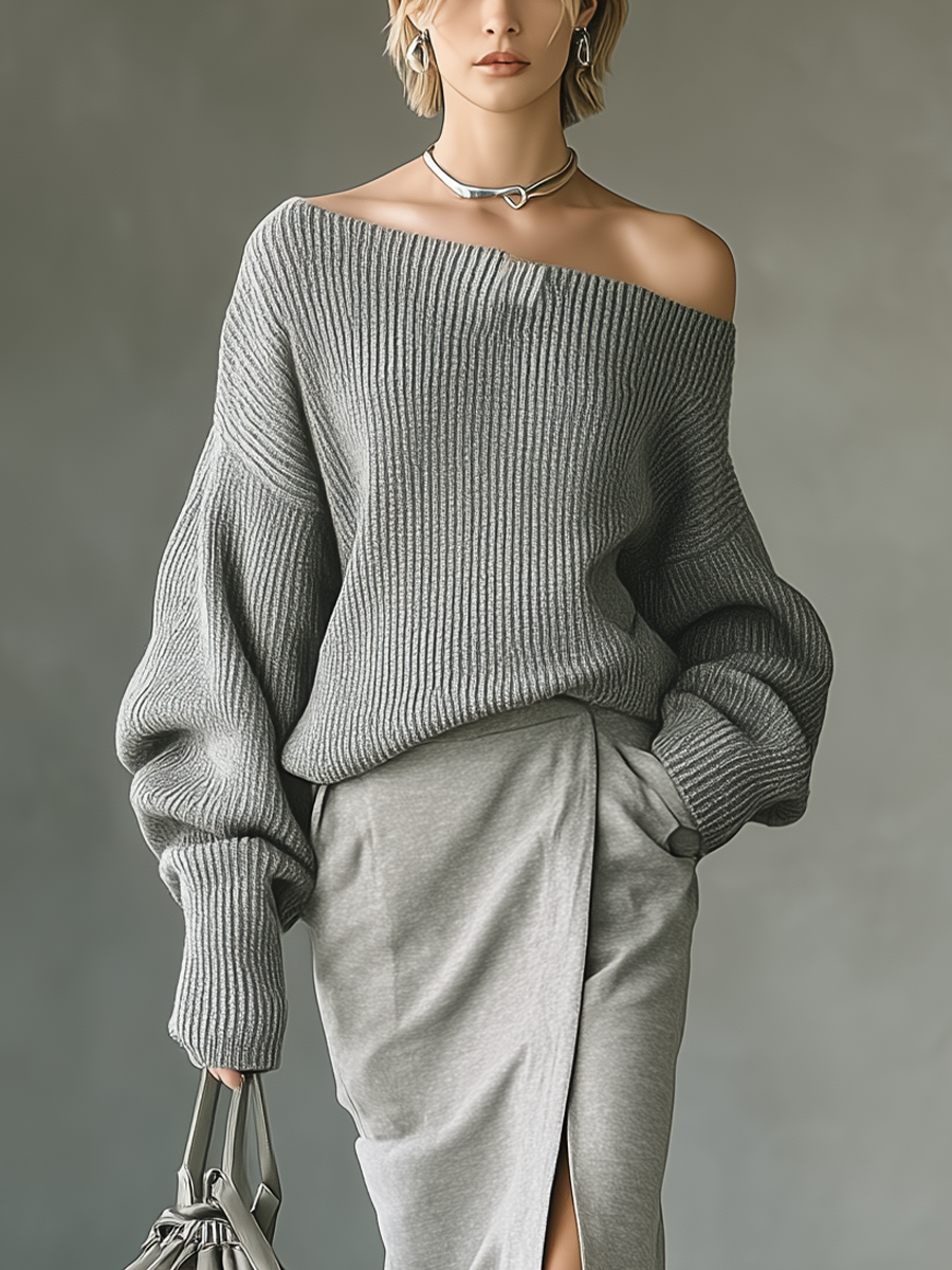 Women's Gray Knitted Sweater And Cotton Blend Air Layer Skirt Set MDA2320J2T
