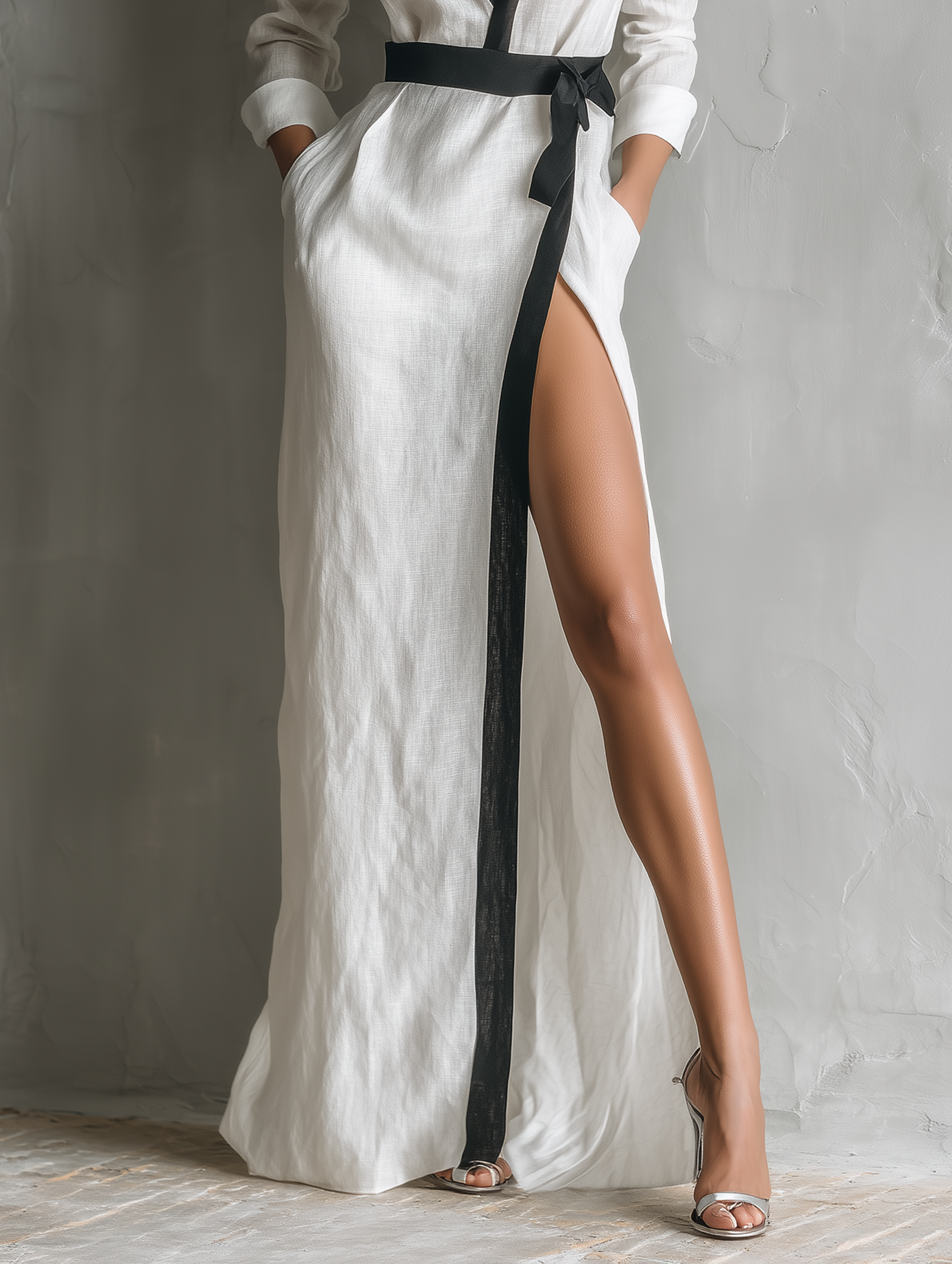 Women's Minimalist Black Trim Lapel Split Maxi Dress MDA1659L9Y