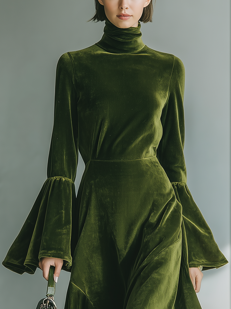 Women's Olive Green Velvet High-Neck Flared Sleeve Irregular Midi Dress MDA0459K7T