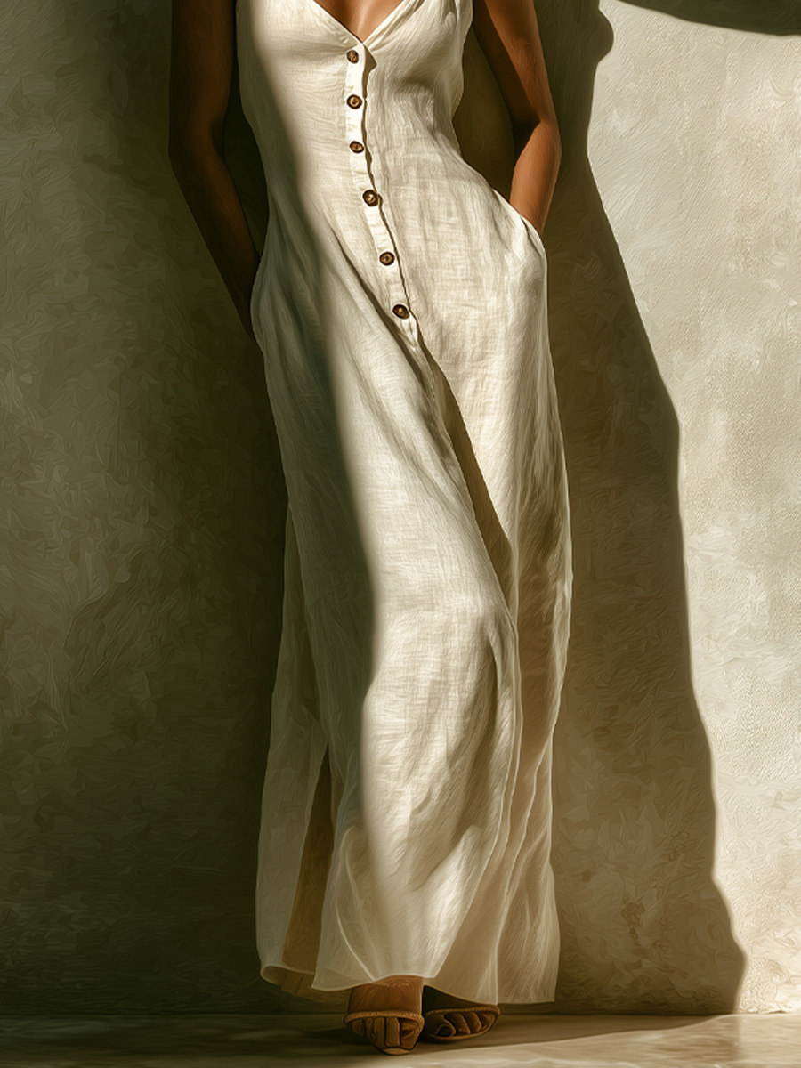 Women's Ivory Linen Dress With Spaghetti Straps & Button-Front Placket, Timeless Resort-Elegant Style Dress MDZ2755B8I