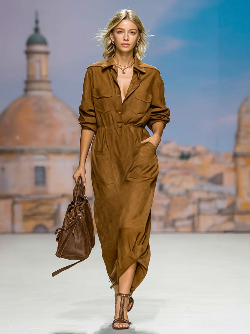 Women's Minimalist Faux Suede Multi-pocket Shirt Collar Long Sleeve Elastic Waist Maxi Dress MDA1138J2Y