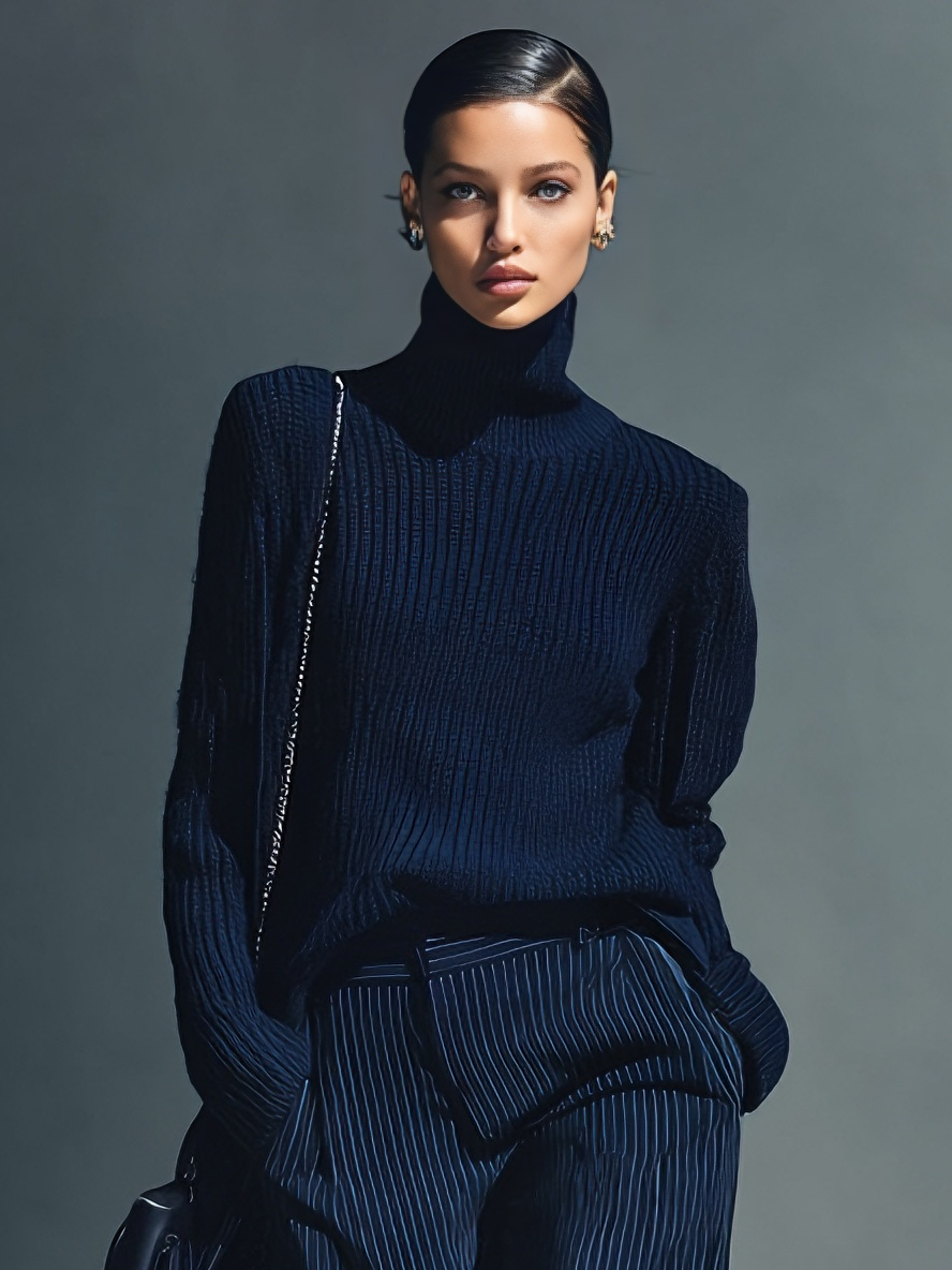 Women's Sophisticated Knit & Woven Navy Turtleneck Ribbed Top & Pleated Wide-Leg Pants Set MDA1973L8AU