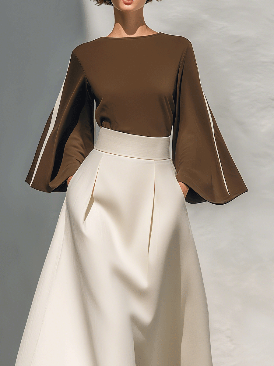 Women's Elegant Retro Bell Sleeve High Waist Chiffon Two-Piece Set MDA2913G6I