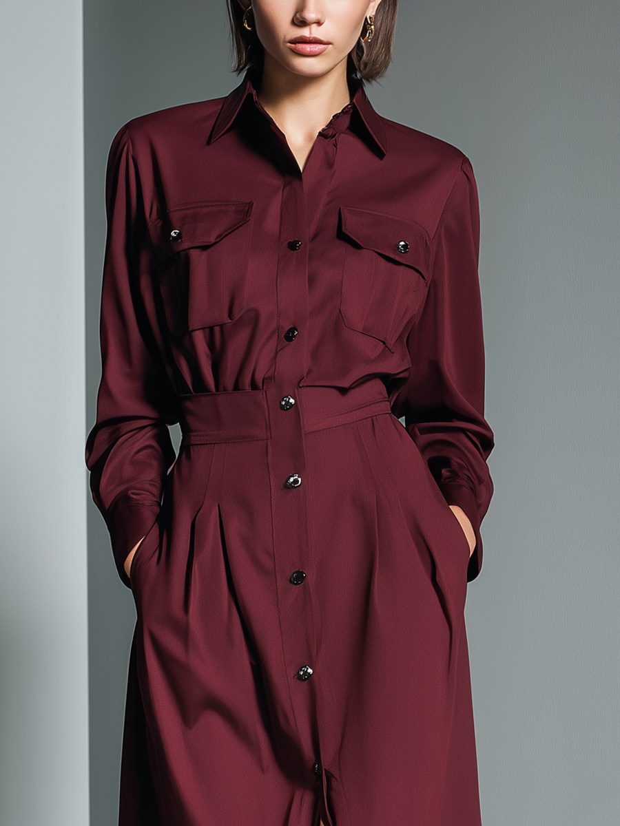 Women's Burgundy Cotton Blend High-Waisted Long-Sleeved Midi Dress MDA0676K3T