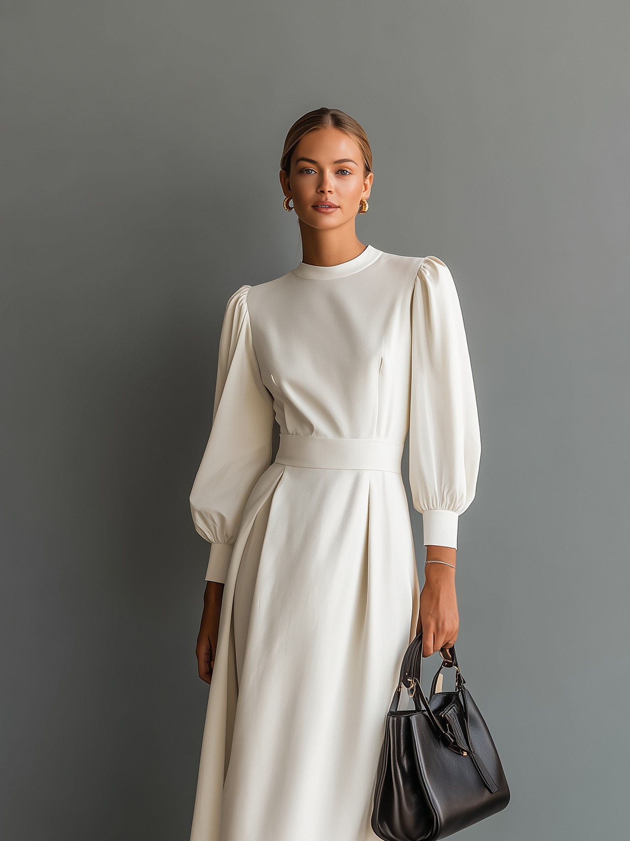 Women's Elegant White Slightly Stretchy Knit Round Neck Long Sleeve Slim Fit Midi Dress MDA2313L4AN