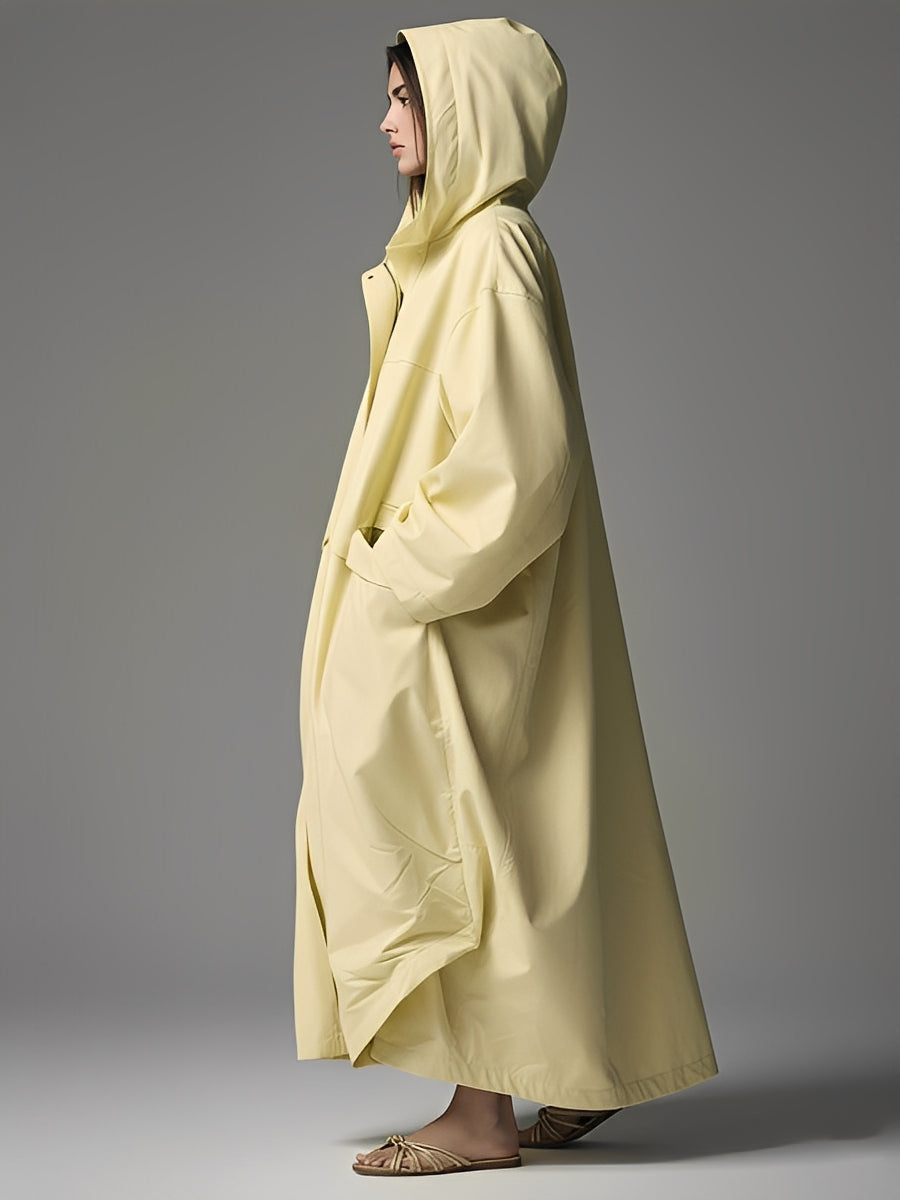 Women's Pale Yellow Textured Woven Fashion Coat With Patch Pockets & Relaxed Fit, Edgy Everyday Style Coat MDA2597K5I