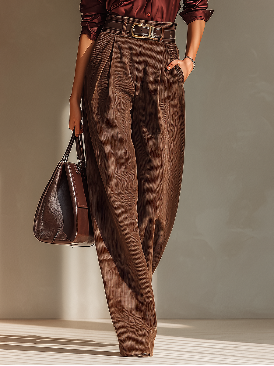 Women's Burgundy Satin Collared Long-sleeved Shirt And Corduroy Wide-leg Trousers Set MDA0477K6T