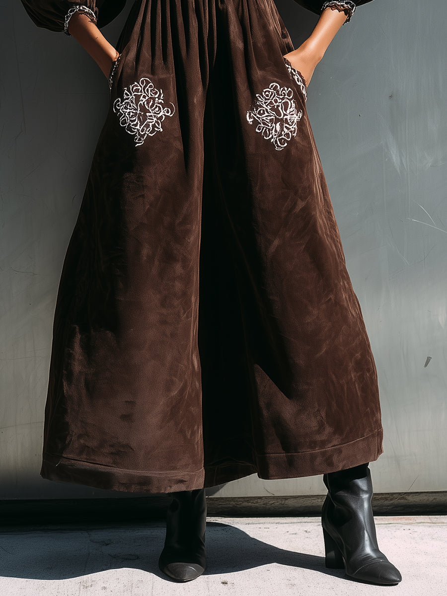 Women's Chocolate Brown Faux Suede Boho-Chic Maxi Dress With Embroidered V-Neck & Puff Sleeves, Vintage Festival Dress MDA2454J4I