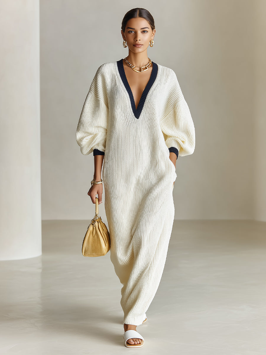 Women's Cream Elegant Ribbed Knit Contrast V - Neck Balloon - Sleeve Maxi Sweater Dress MDA2581I6I