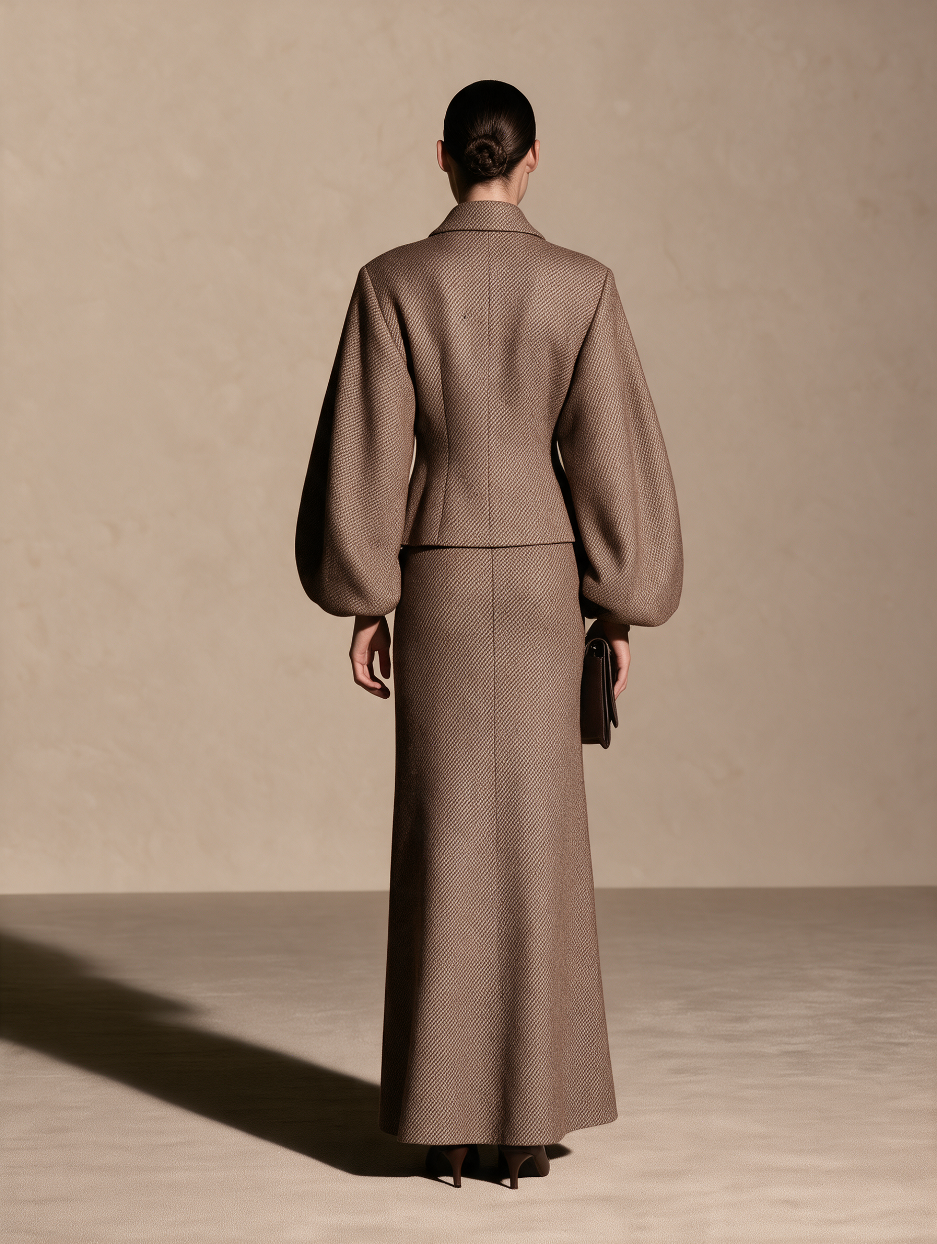 Women's Woolen Lapel Blazer Brown Maxi Skirt Set