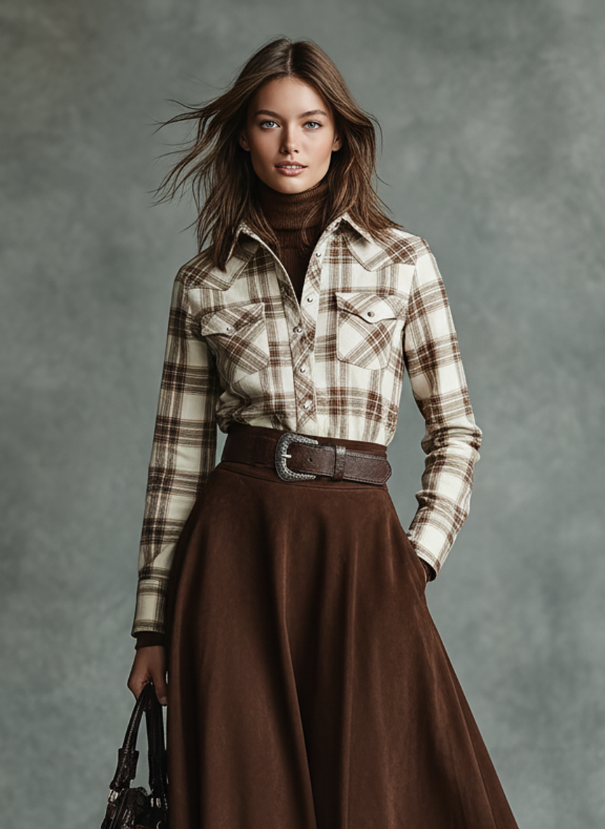 Women's Plaid Shirt And Faux Suede Umbrella Skirt Set MDA2803J6Y