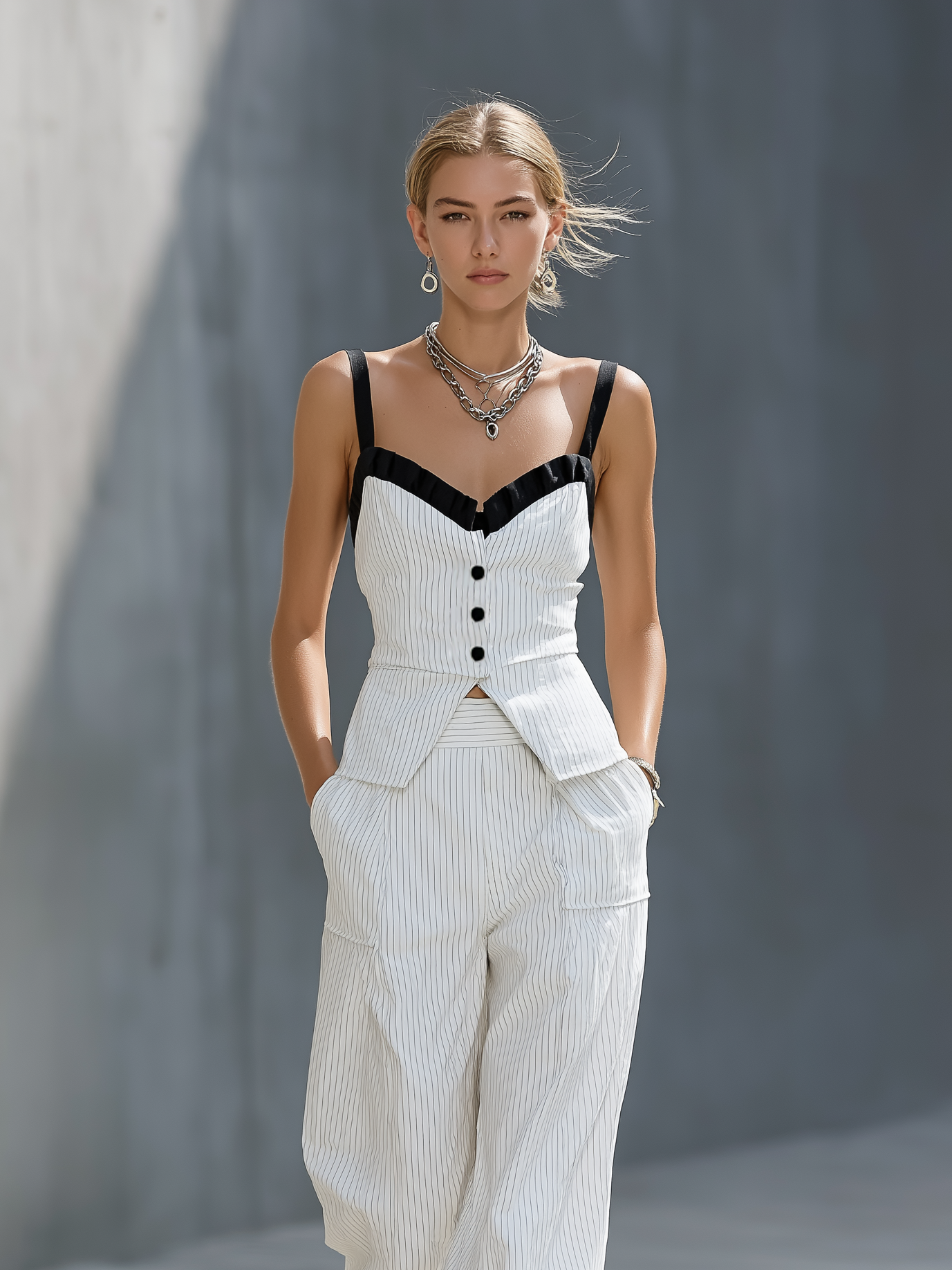 Women's Elegant White Woven Striped Sleeveless Camisole Top Paired With Loose-fitting Trousers Set MDZ2577B7AN