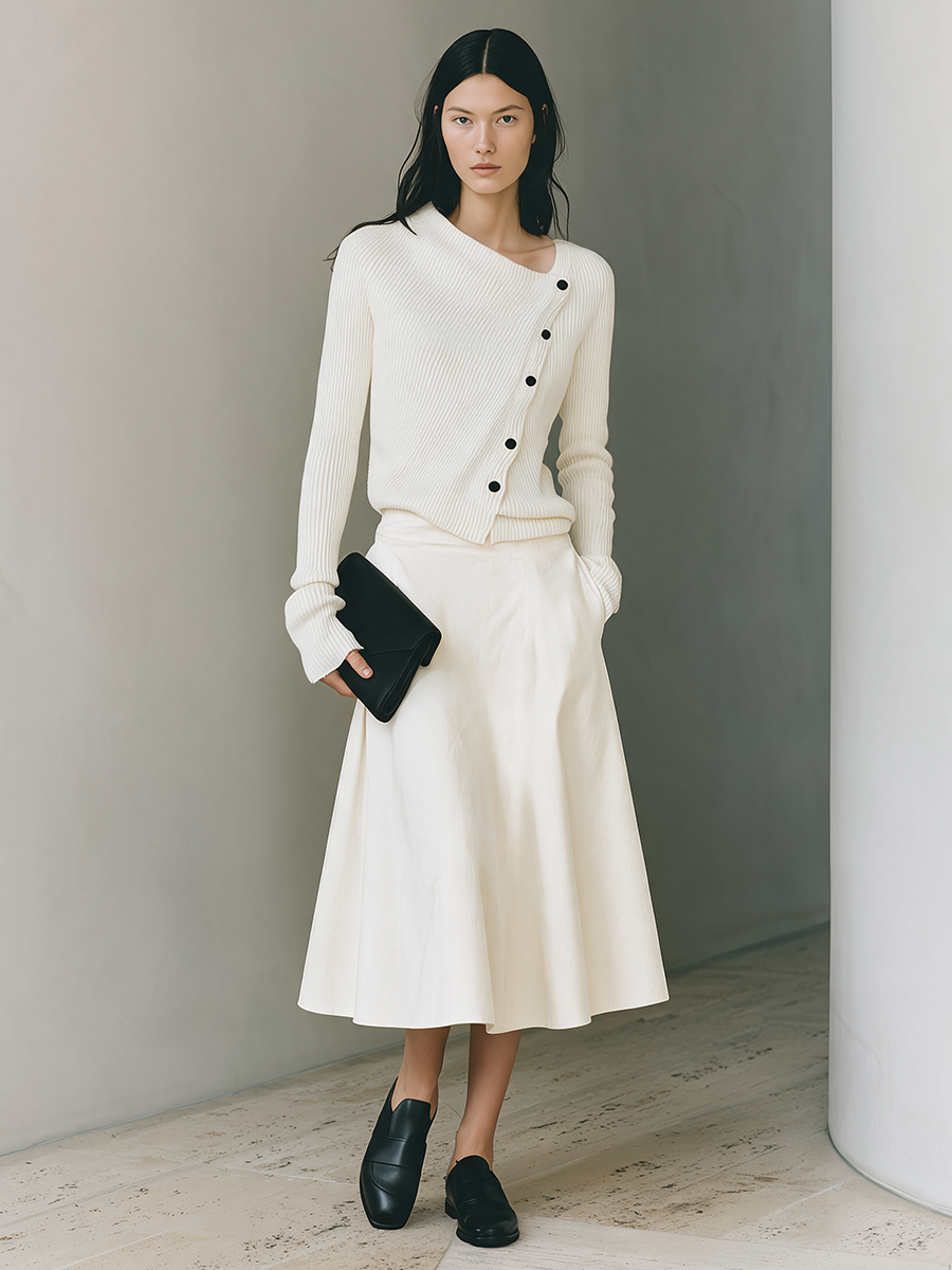 Women's White Knit Top And Cotton-Blend A-Line Skirt Set MDZ2600H0ZRK