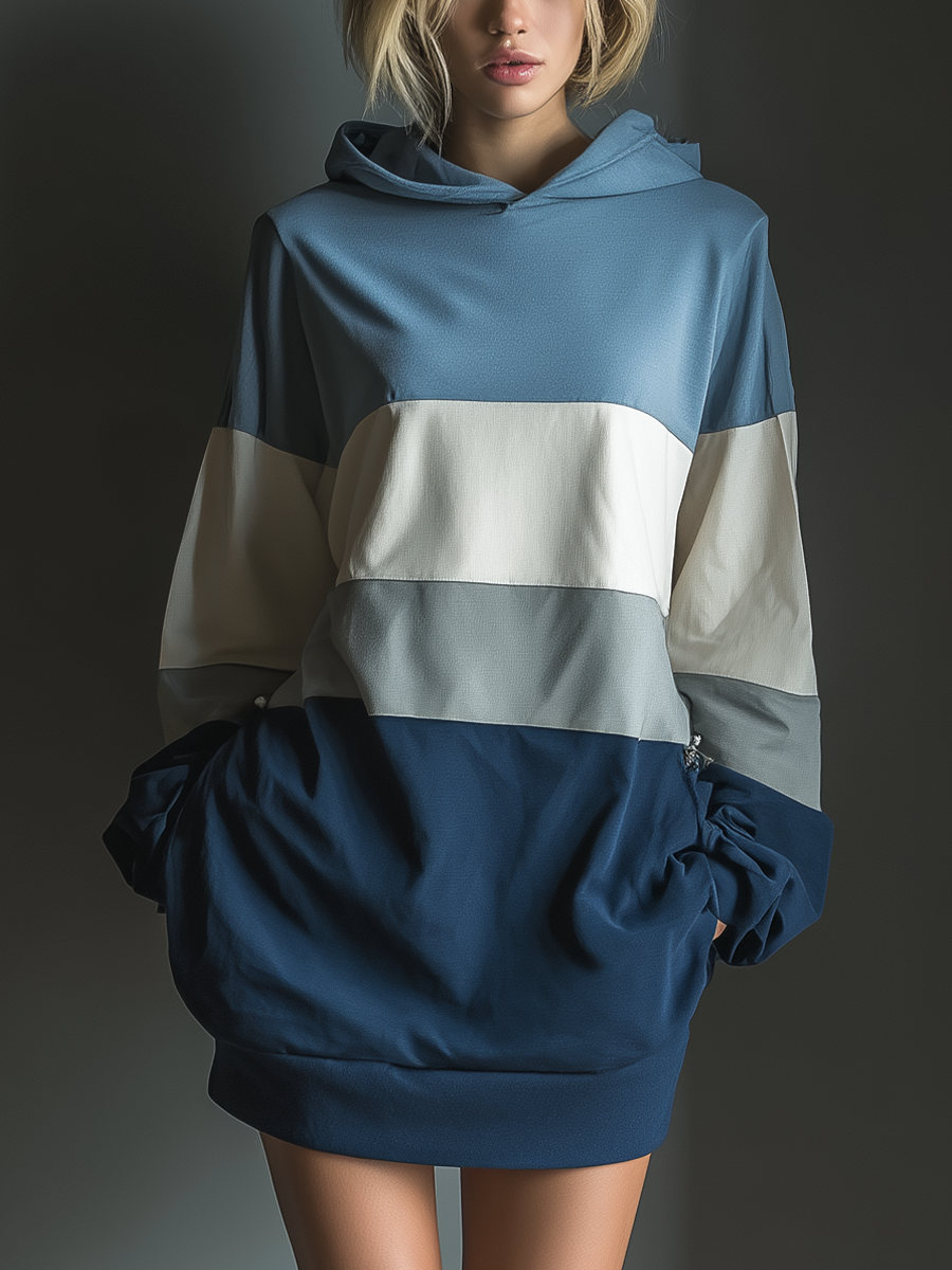 Women Multi-Tone Cotton Blend Casual Relaxed Fit Hoodie Dress MDA1748L9T