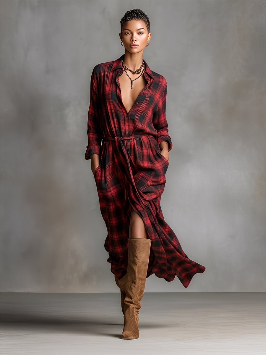Women's Red And Black Chic Cotton - Blend Plaid Belted Slit Midi Shirt Dress MDA1997I6I