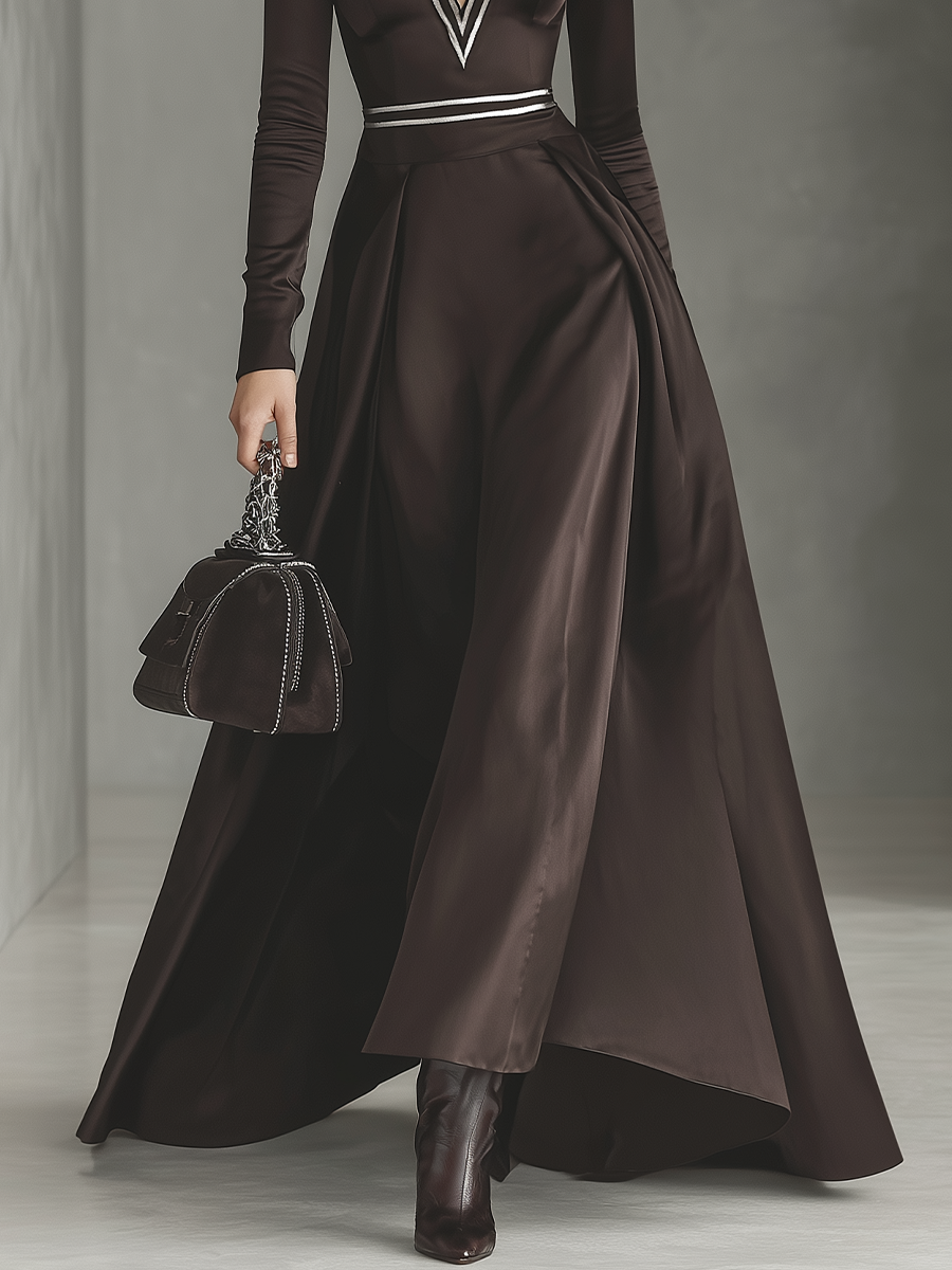 Women's Dark Brown Matte Satin High Neck Silver Contrast Maxi Dress MDA2776J8T