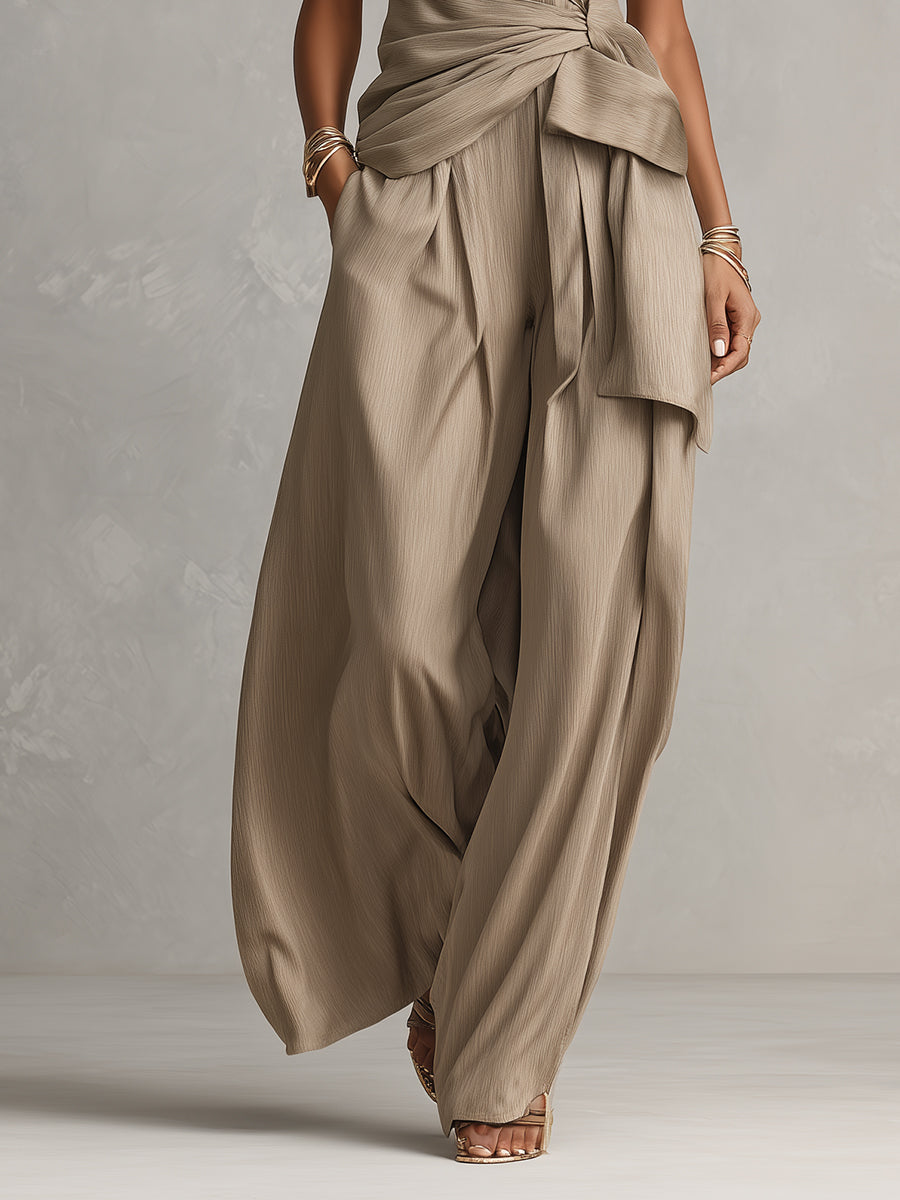 Women's Tan Woven Jumpsuit With Wrap Detail & Wide-Leg Pants, Modern Bold-Chic Style Jumpsuit MDZ0726A3I