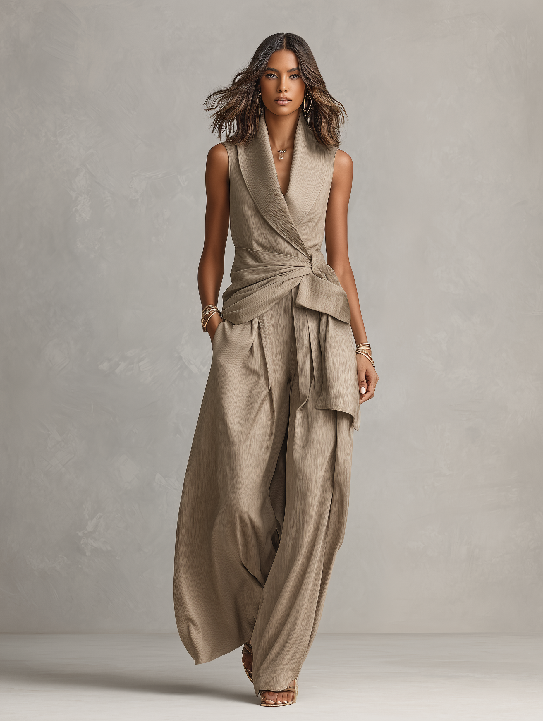 Women's Tan Woven Jumpsuit With Wrap Detail & Wide-Leg Pants, Modern Bold-Chic Style Jumpsuit MDZ0726A3I