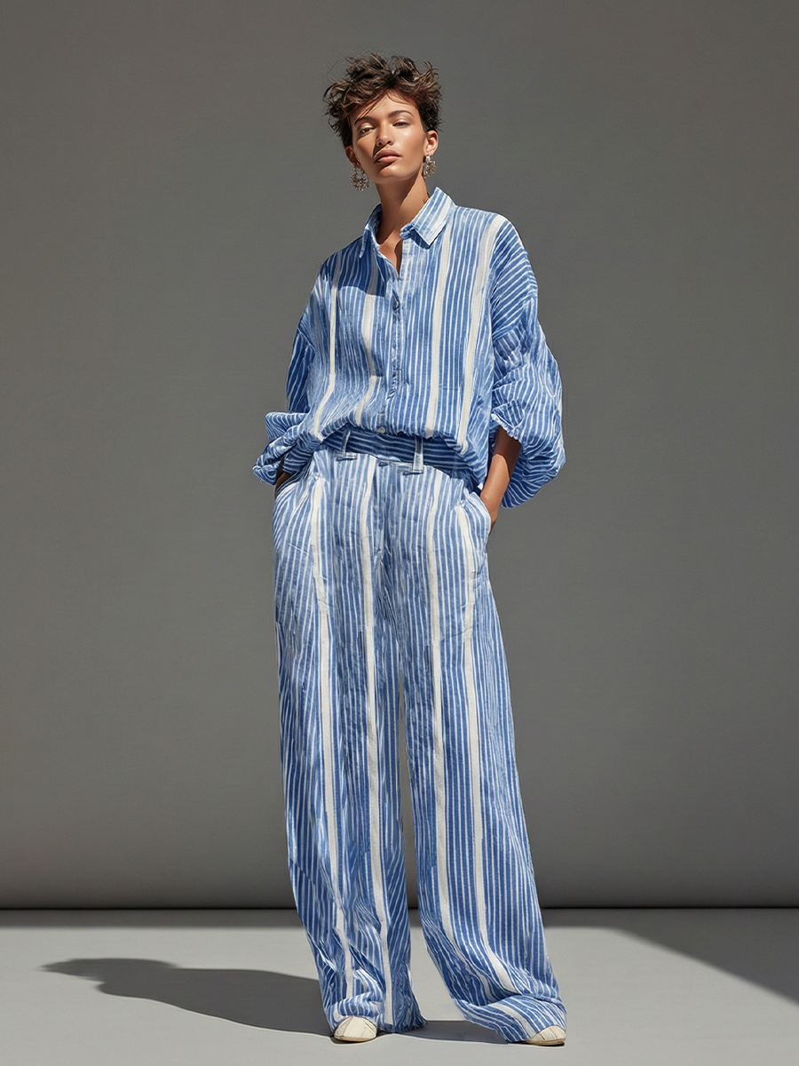 Women's Blue & White Striped Linen Set With Button-Down Shirt & Wide-Leg Trousers, Timeless Minimalist-Elegant Style Set MDZ2524B1I