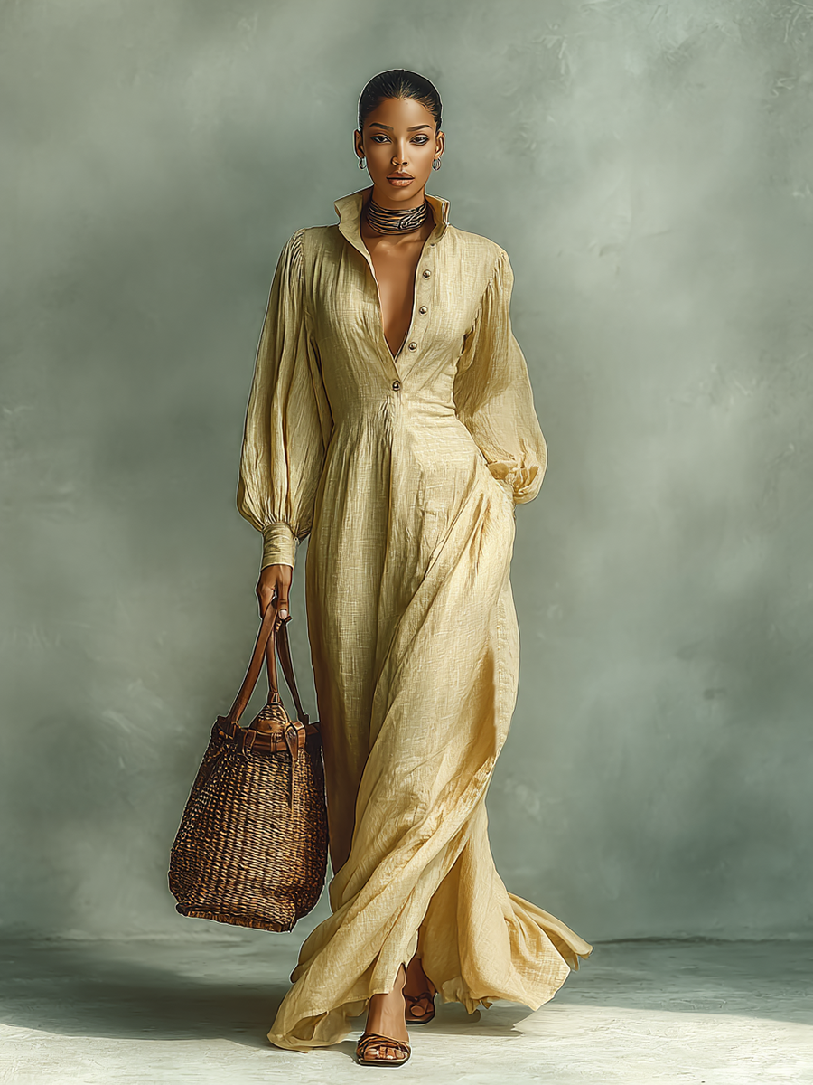 Women's Cotton-linen Blend Button Lapel Long-sleeved Maxi Dress MDA2460G7Y