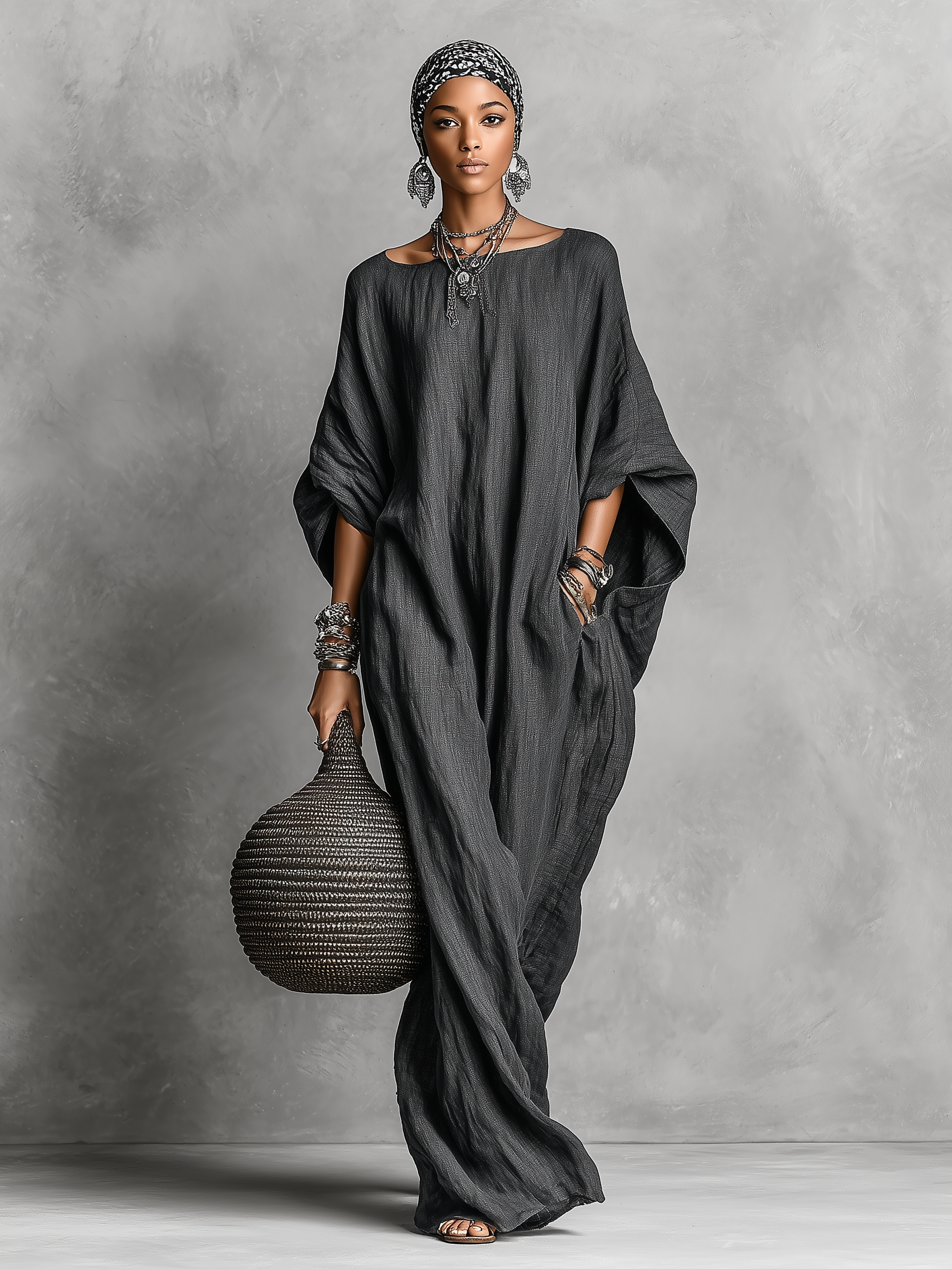 Women's Loose Cotton And Linen Batwing Sleeve Maxi Dress MDA1328K8Y