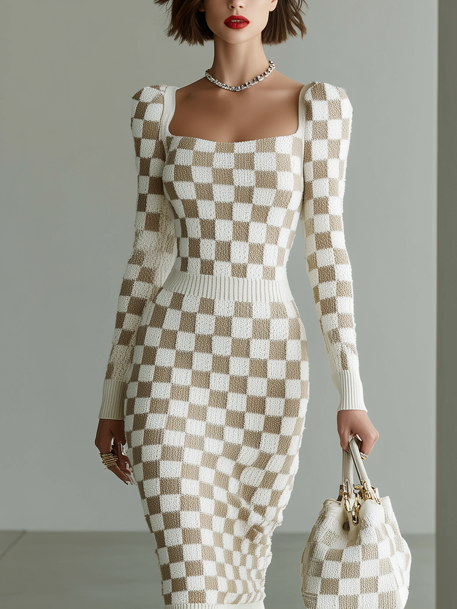 Women's Off-White Checkerboard Knitted Midi Dress MDA1792I2T