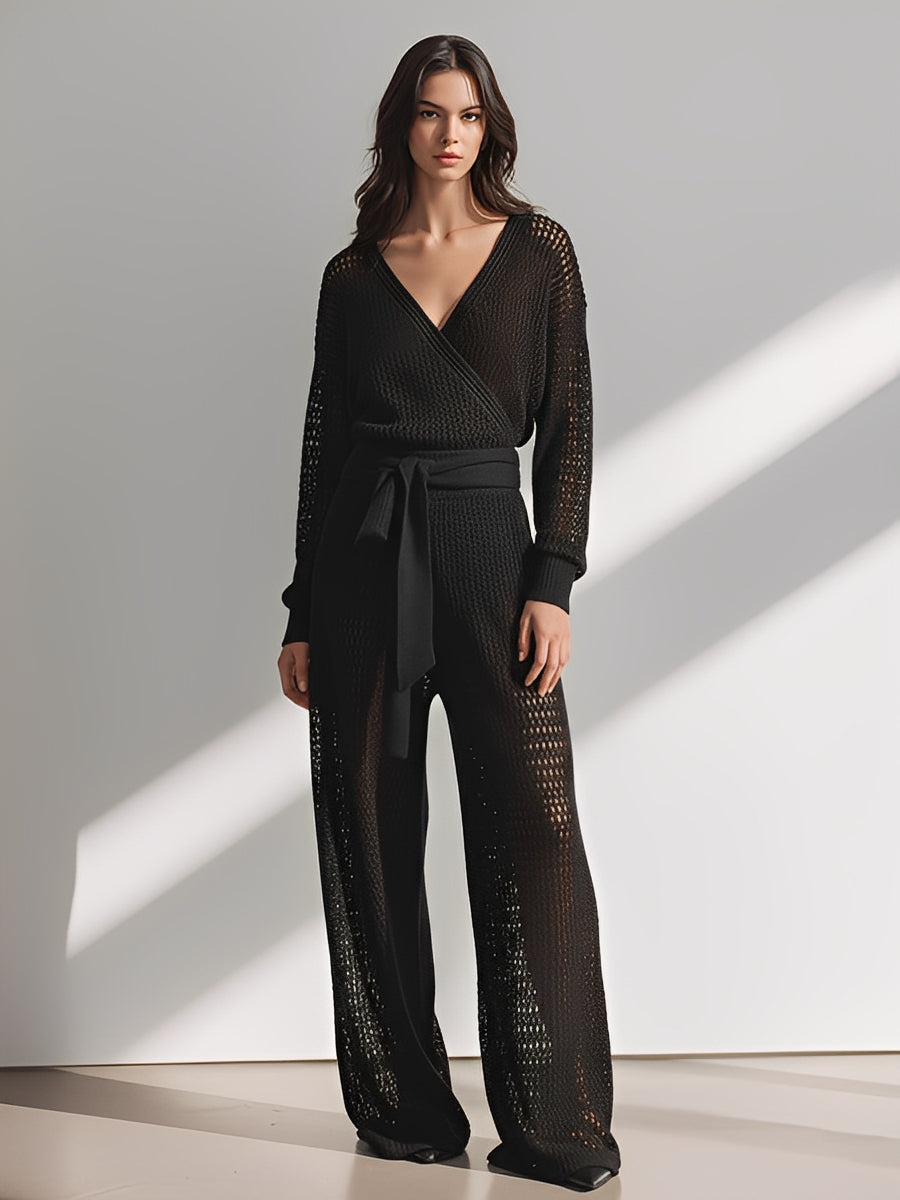 Women's Black Open-Knit Knitwear Set (with Camisole & Shorts) With Wrap V-Neck & Belted Waist, Timeless Modern-Chic Style Set MDA1929L2I