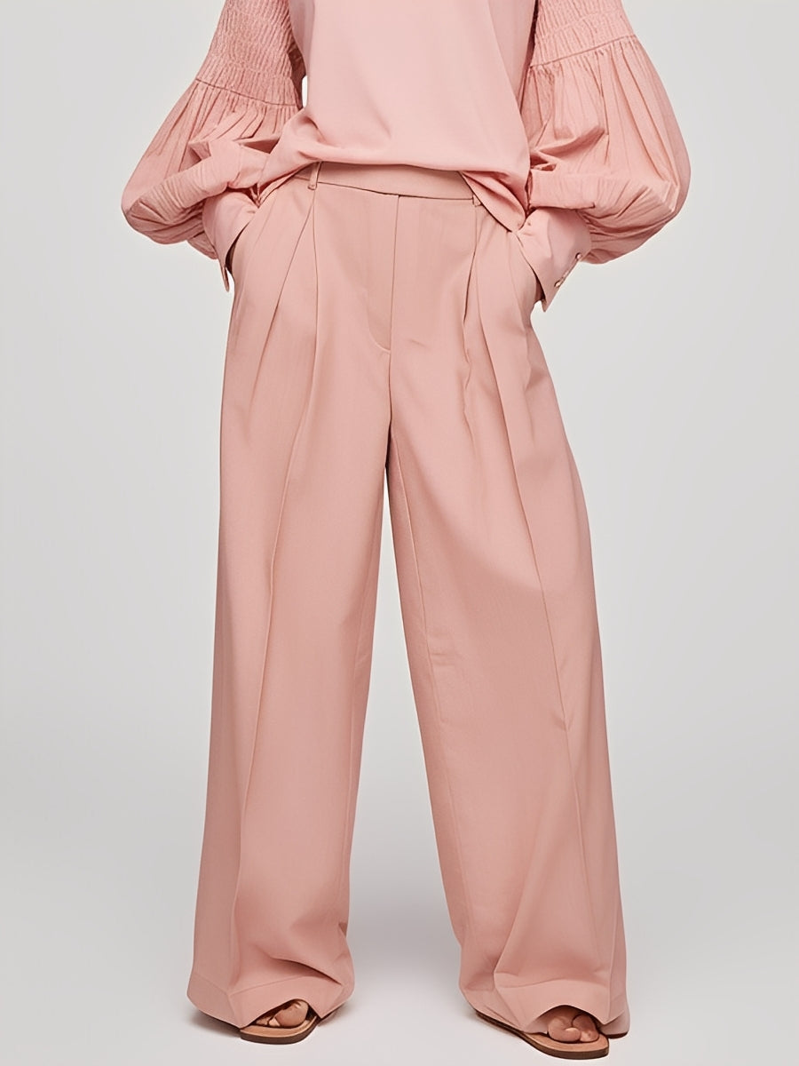 Women's Blush Structured Woven Set With Smocked Puff Sleeves & Wide-Leg Pants, Modern Elegant Style Set MDA0908L3I