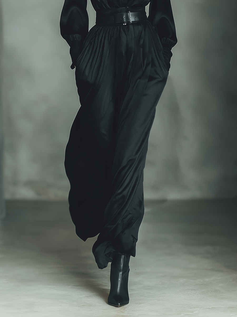 Women's Black Satin High-neck Fitted Waist Long-sleeved Dress MDA2159K5T