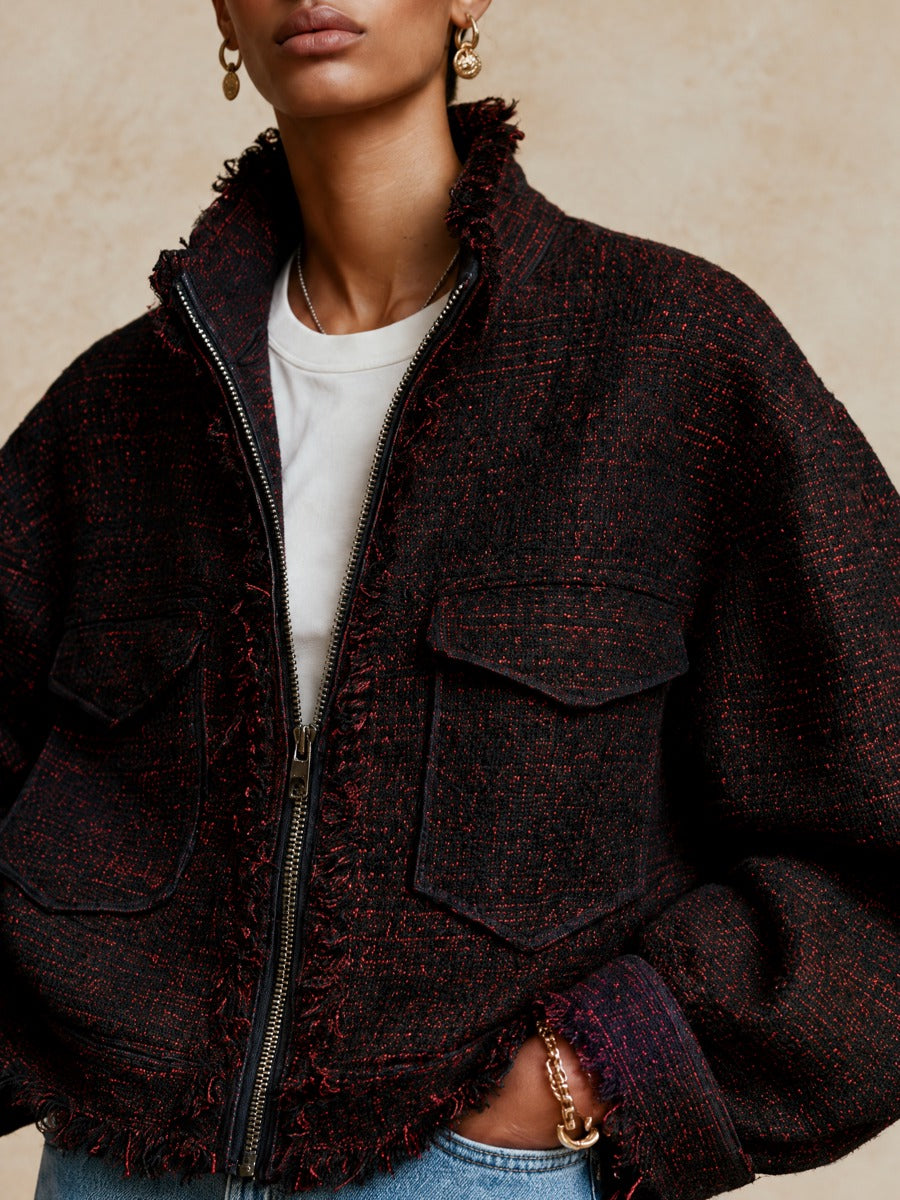 Women's Frayed Trim Casual Stand Collar Tweed Jacket