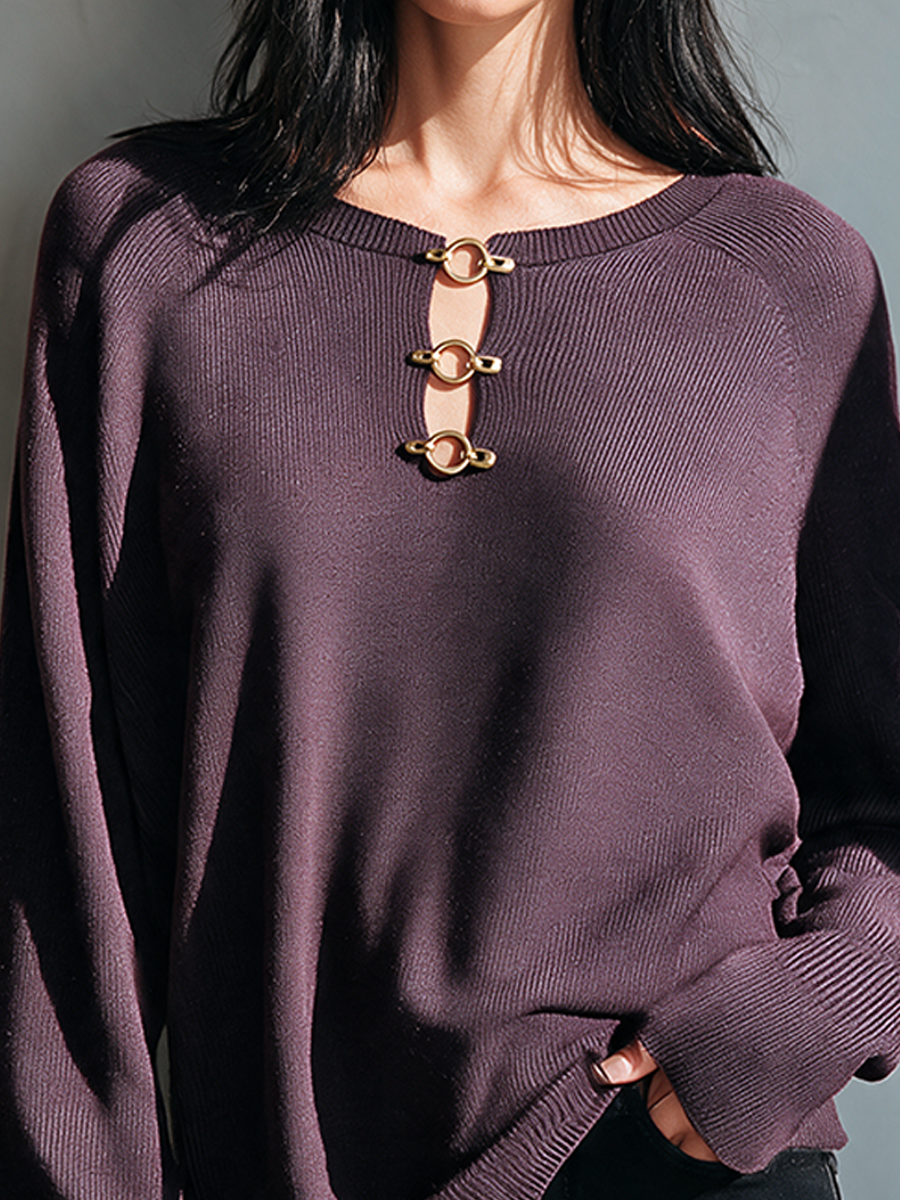 Women's Cut-Out Knit Top With Metal Buckle MDZ2633H3ZRK
