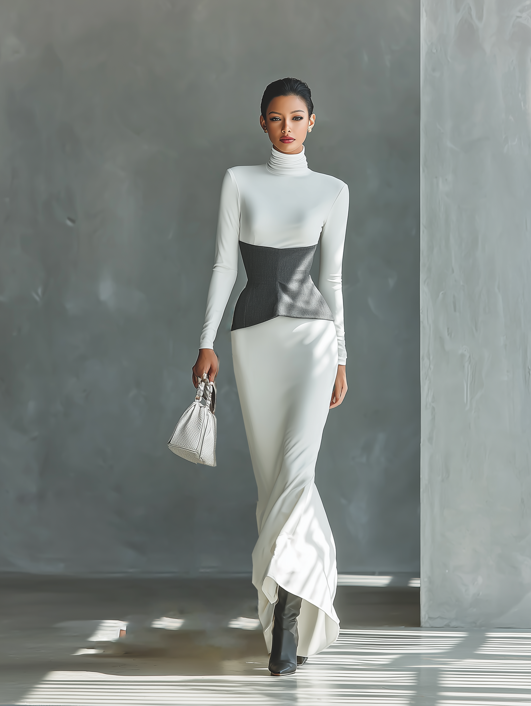 Women's White Stretch Knitted Dark Grey Waist Turtleneck Maxi Dress MDA2526J1T