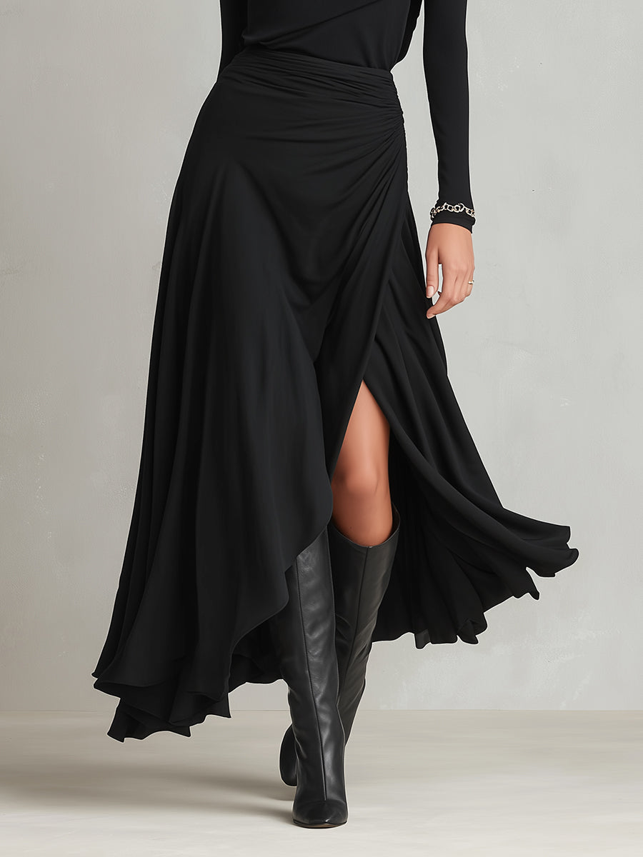 Women's Black Stretchy Knit Set With Off-the-Shoulder Top & High-Slit Maxi Skirt, Timeless Edgy Style Set MDA1014L6I