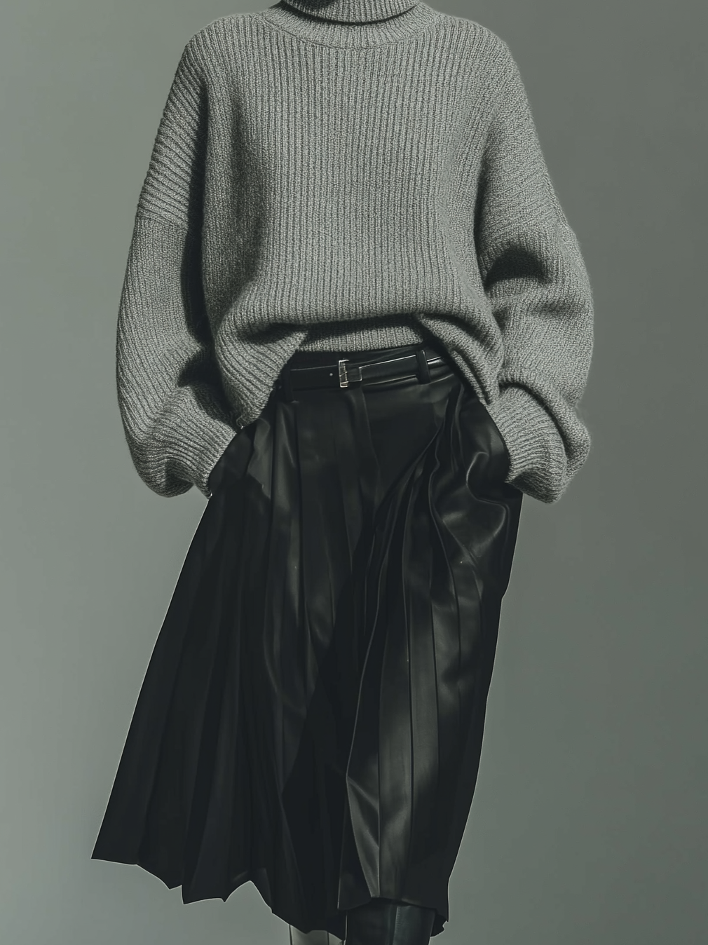 Women's Fashionable And Elegant Gray Turtleneck Long-sleeved Loose Knit Top Paired With A Black Pleated Skirt (belt Not Included) MDA2971K7AN