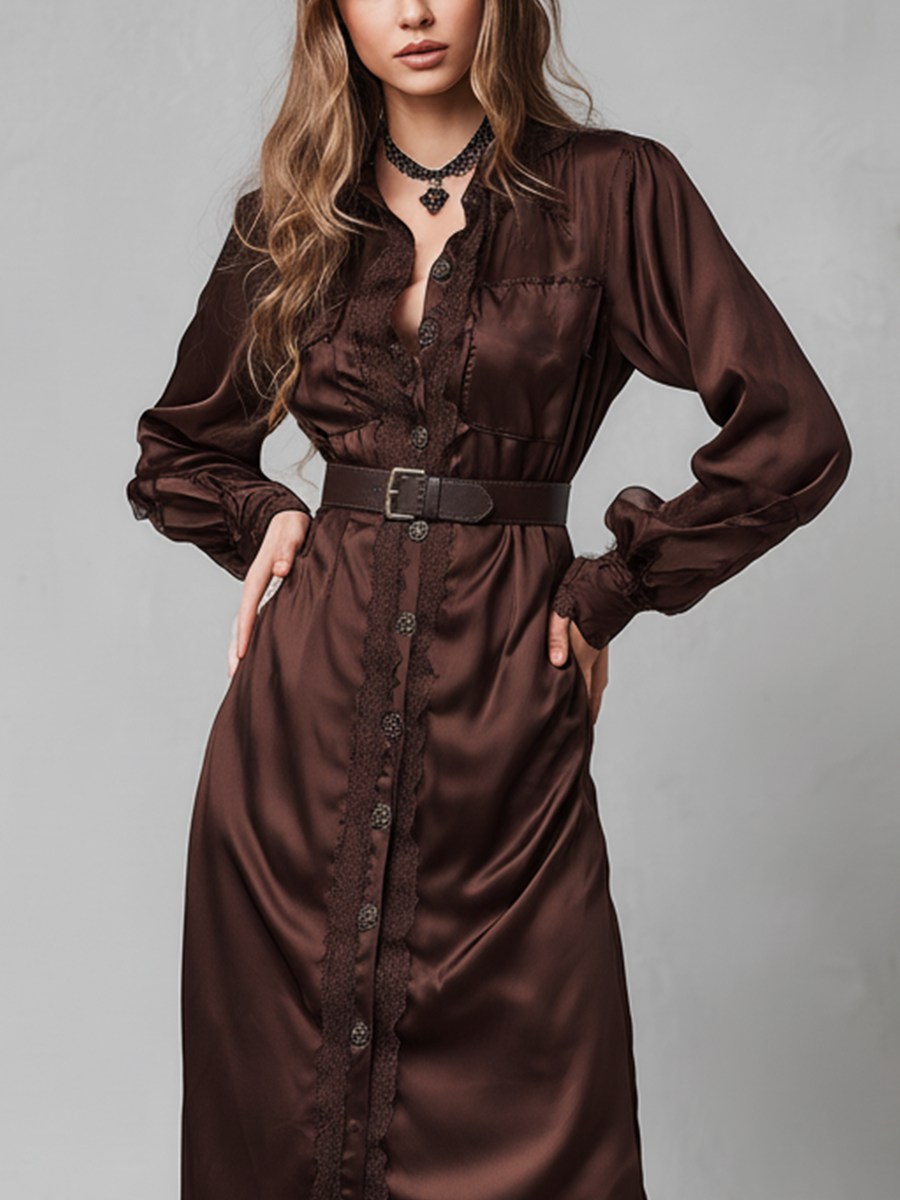 Women's Chocolate Satin Lace Trim Belt Long Sleeve Dress MDA0496L4T