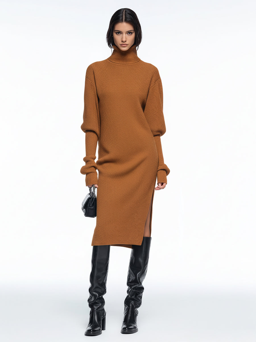 Women's Camel-colored Knit Minimalist Style Side-tie Slit Midi Dress (including Scarf) MDA3184J1I